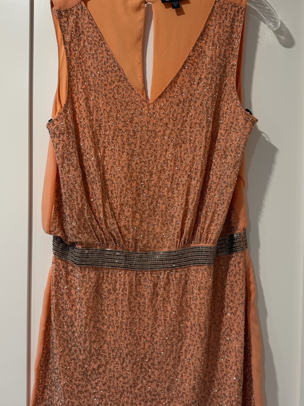 bebe Peach Sequin V-Neck Prom Dress